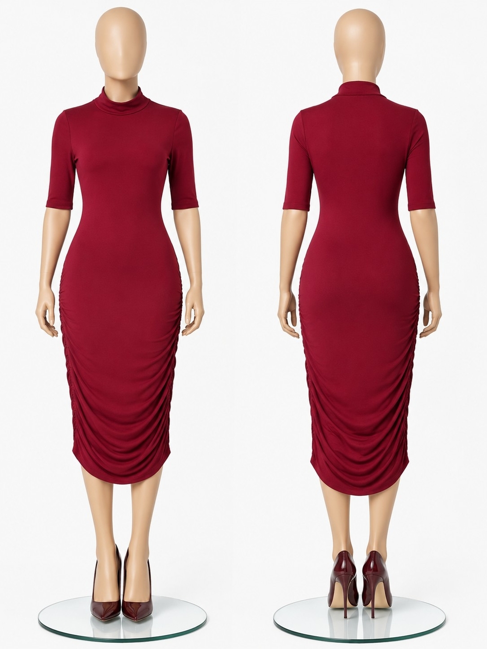 UK2LA Burgundy Mock Neck Ruched Midi Dress